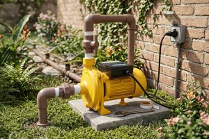 Bomba centrífuga instalada com linha de sucção visível, representando análise de NPSH, cavitação e perda de vazão em sistema de bombeamento.