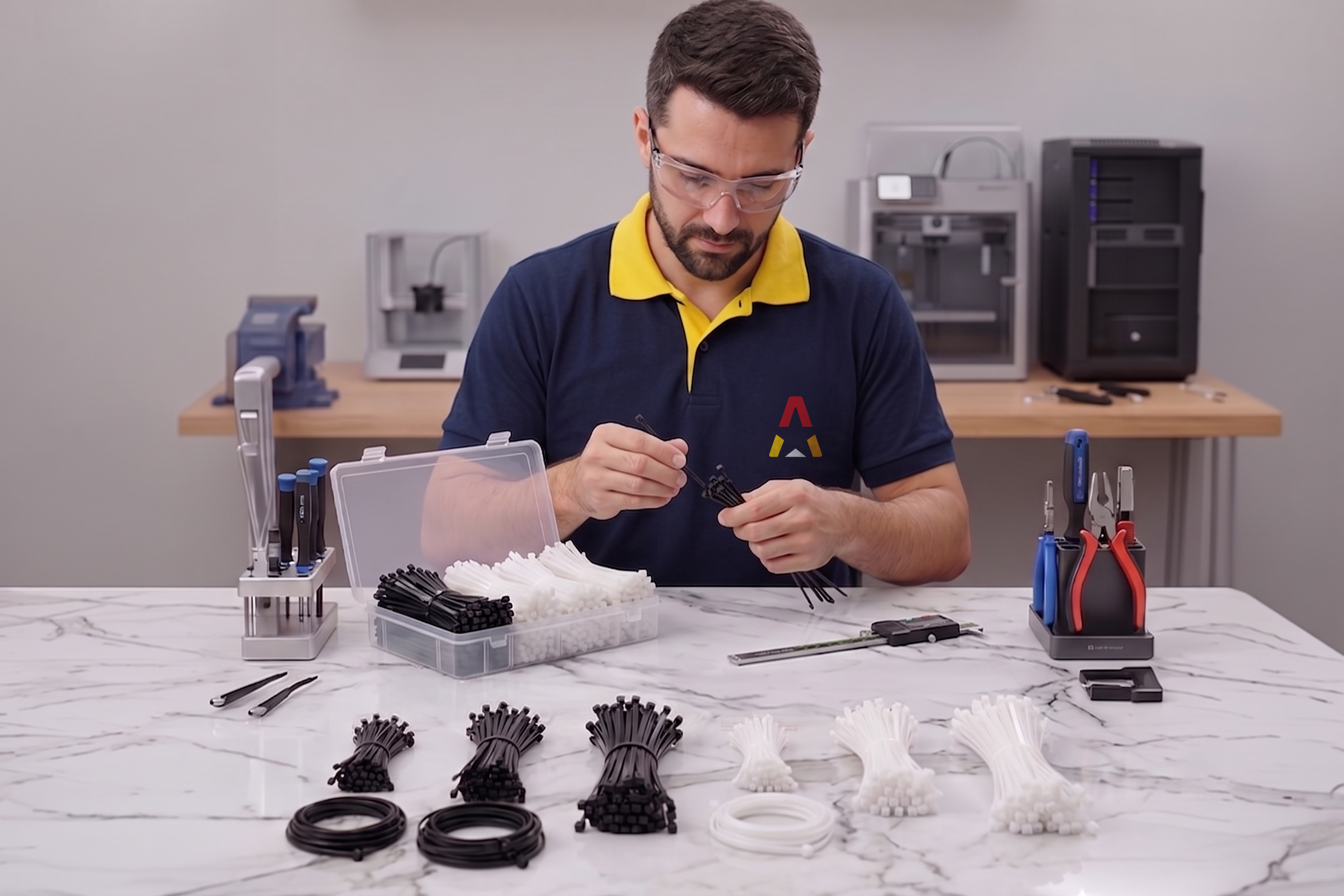 Separação de abraçadeiras de nylon por tamanho, mostrando a importância da especificação correta antes da compra.