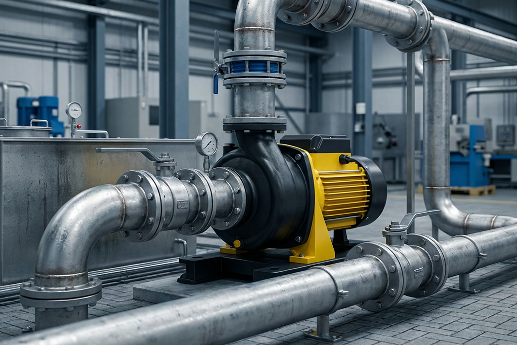 Bomba industrial com tubulação de sucção e recalque dimensionada para evitar cavitação.