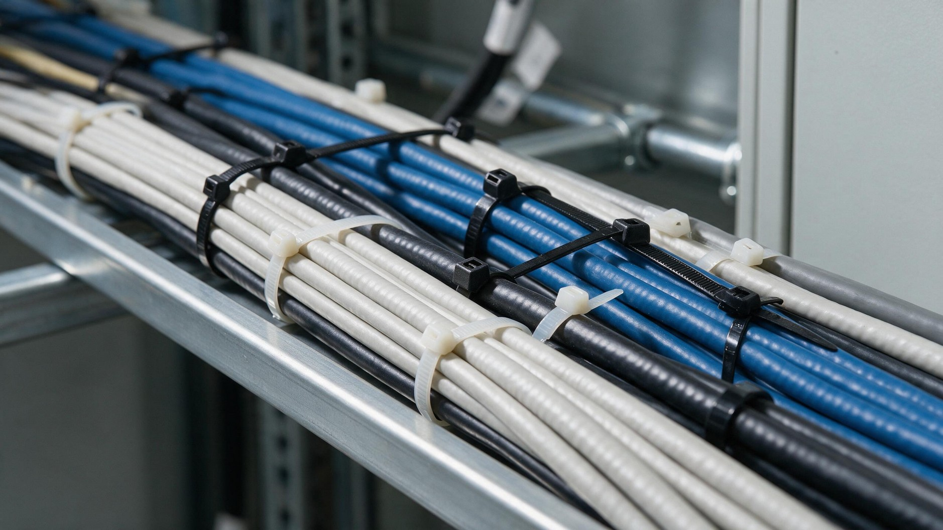 Aplicação de abraçadeira de nylon na organização de cabos em instalação elétrica.