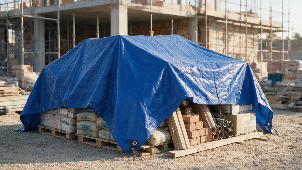 Lona de polietileno azul Ferrari aplicada na proteção de materiais em obra.