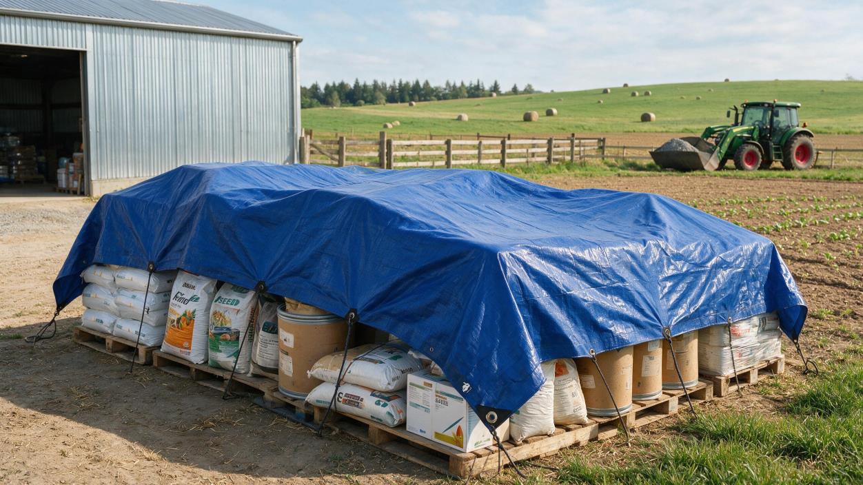 Lona azul de polietileno aplicada no agronegócio para proteção de materiais em área rural.