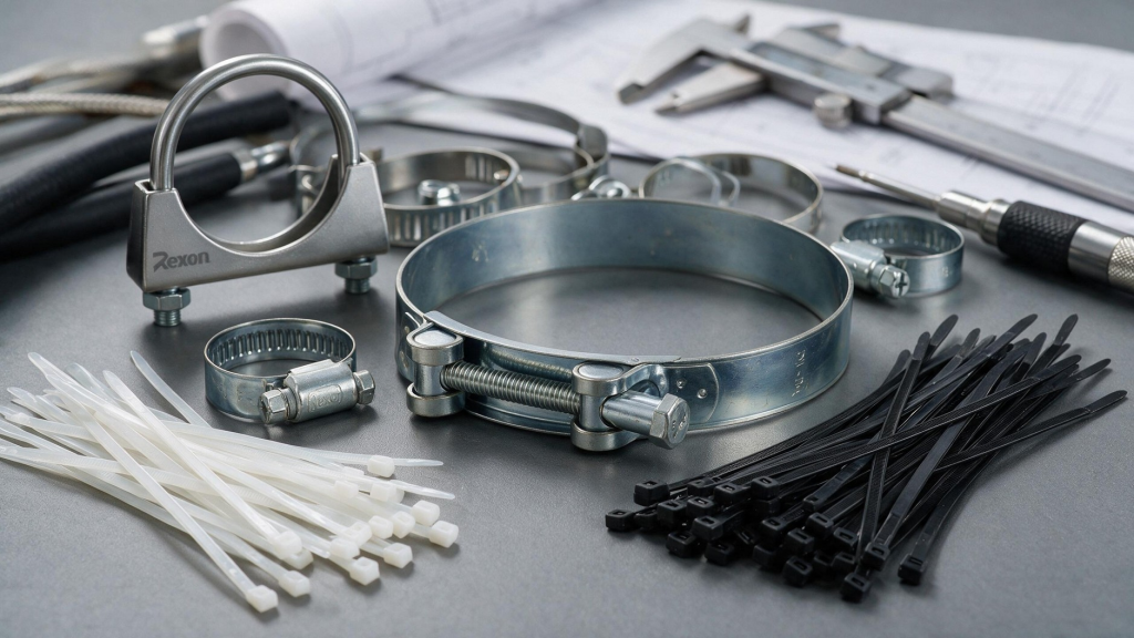 Abraçadeiras de nylon, aço carbono e aço inox Rexon disponíveis na Ferrari Máquinas.