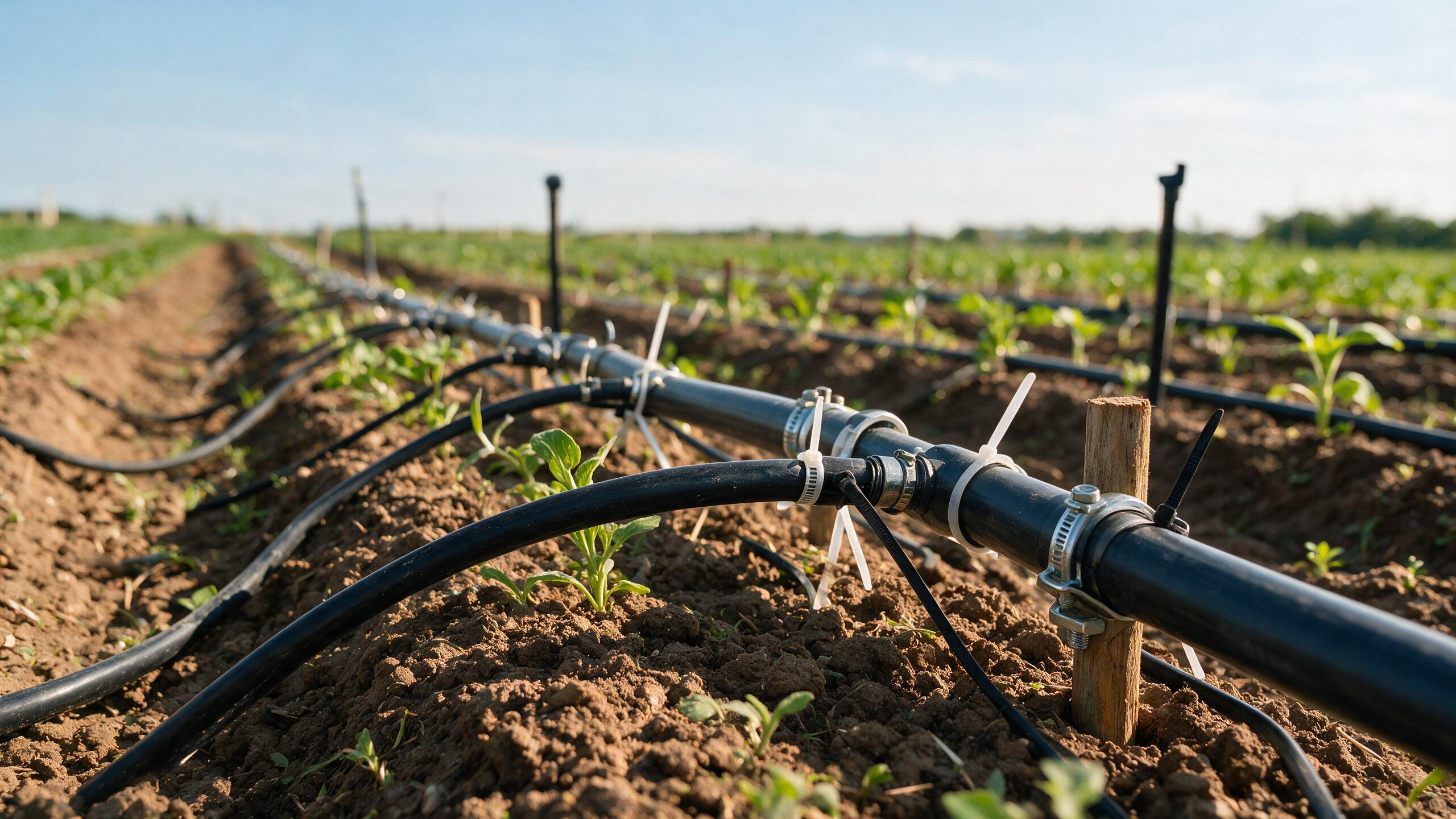 Cenário agro com mangueiras e sistema de irrigação, representando aplicação de abraçadeiras em uso profissional.