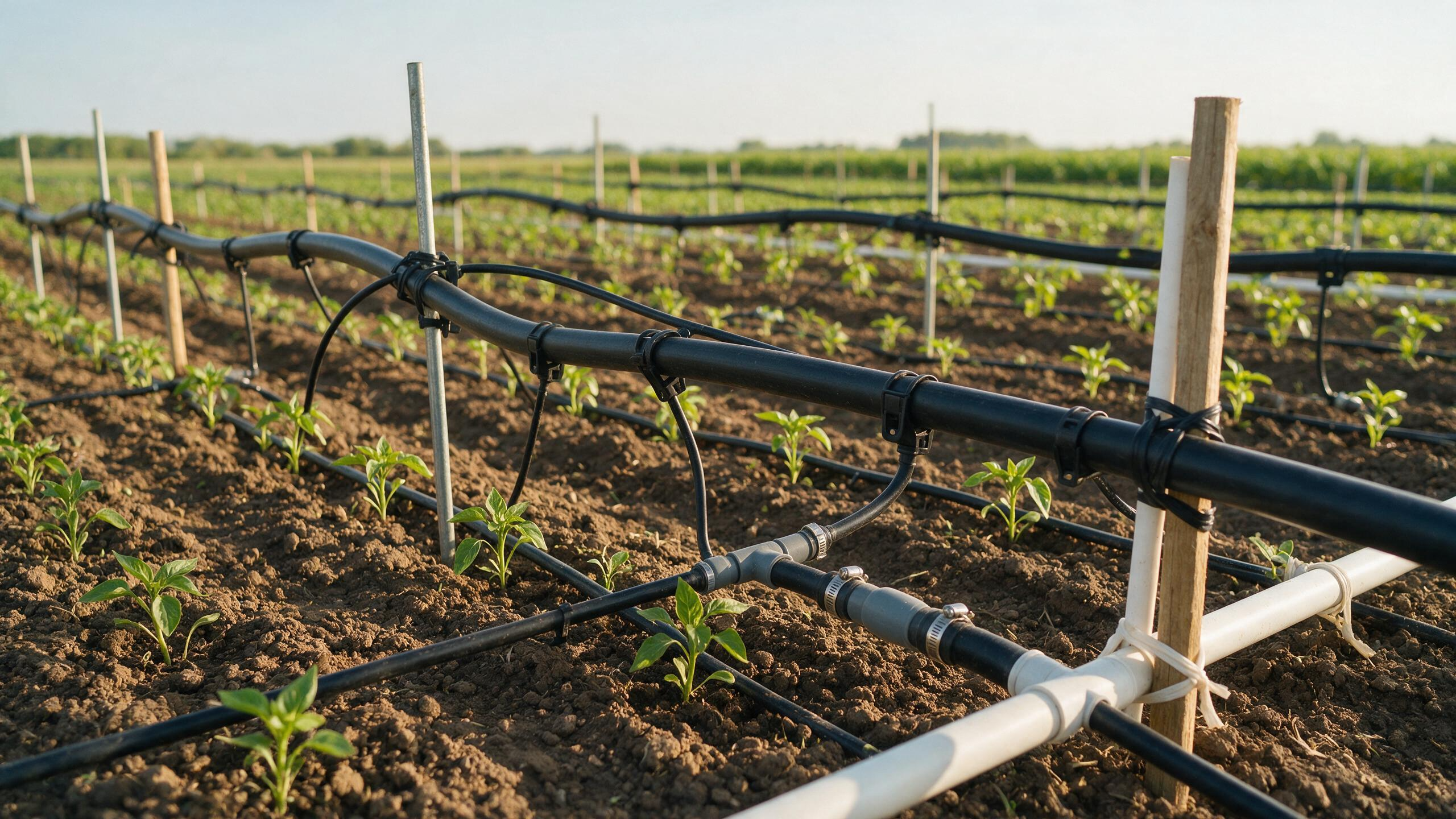 Sistema de irrigação em cultivo com mangueiras e pontos de fixação por abraçadeiras.