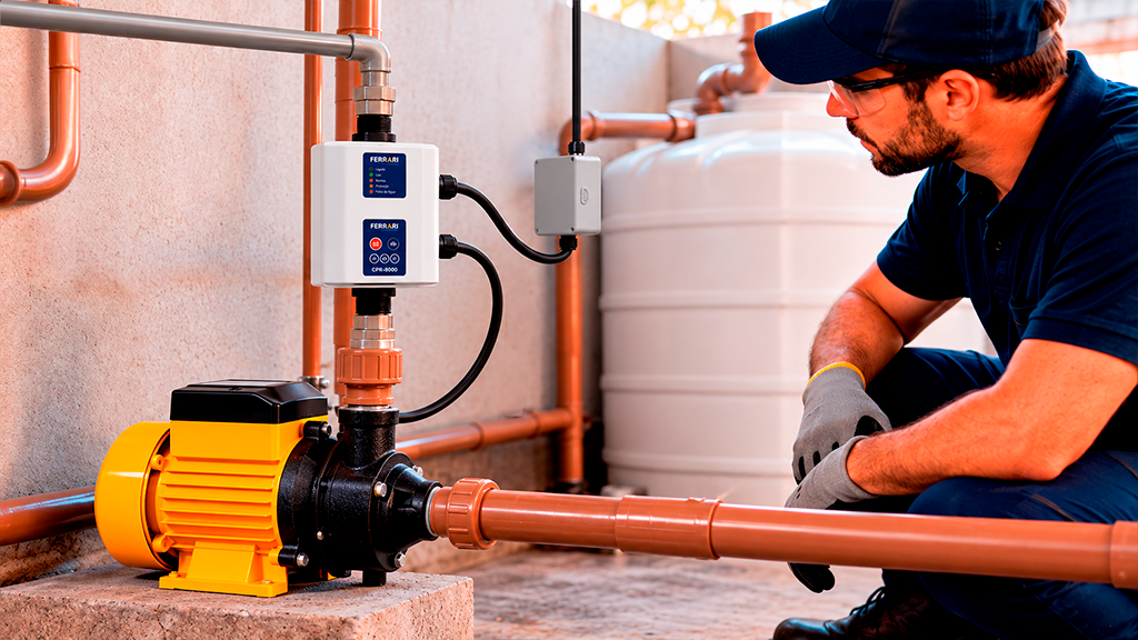 Técnico ajustando instalação hidráulica com bomba d’água e controlador automático