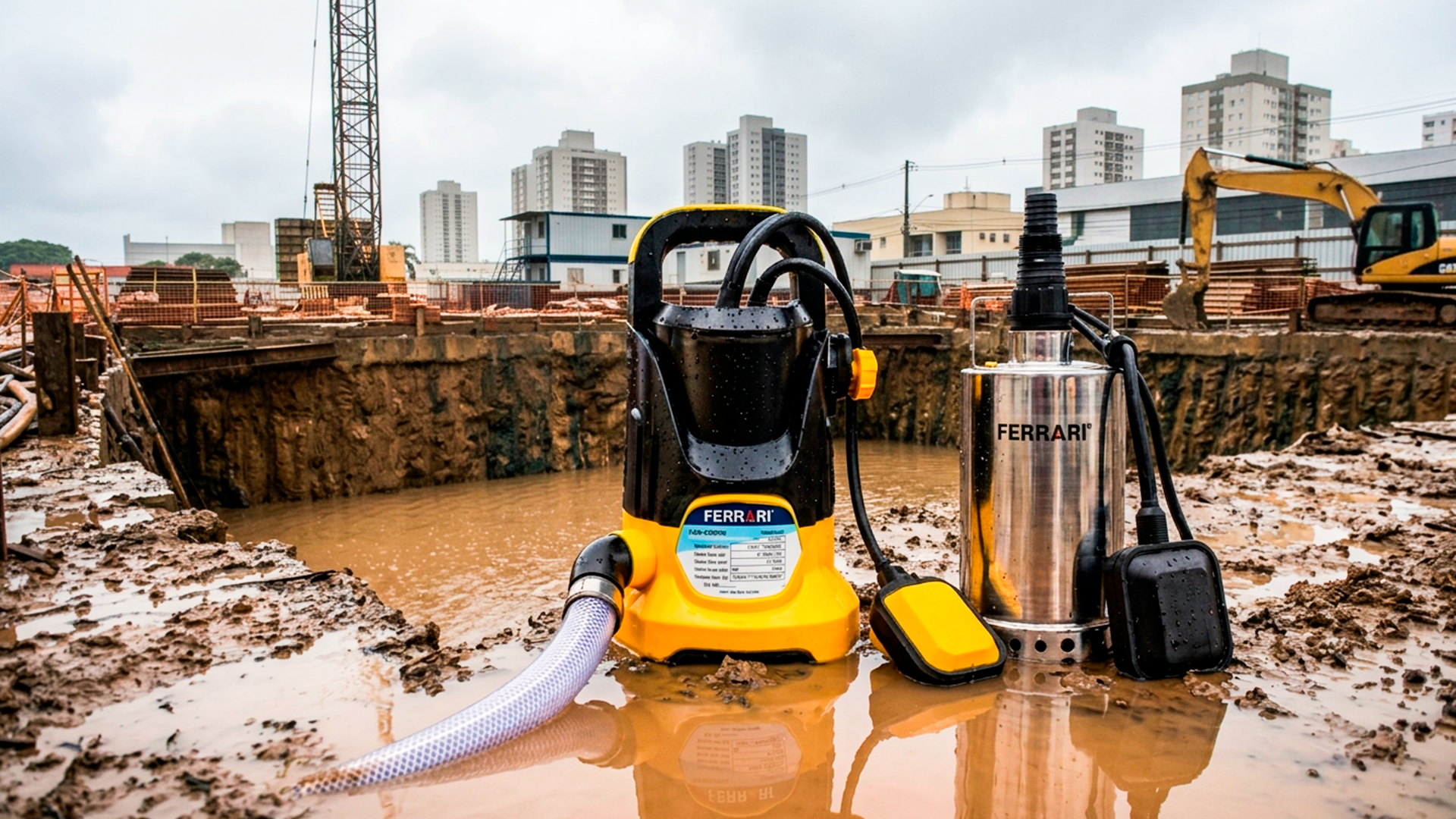 Duas bombas submersíveis Ferrari ao lado de escavação alagada em canteiro de obras.