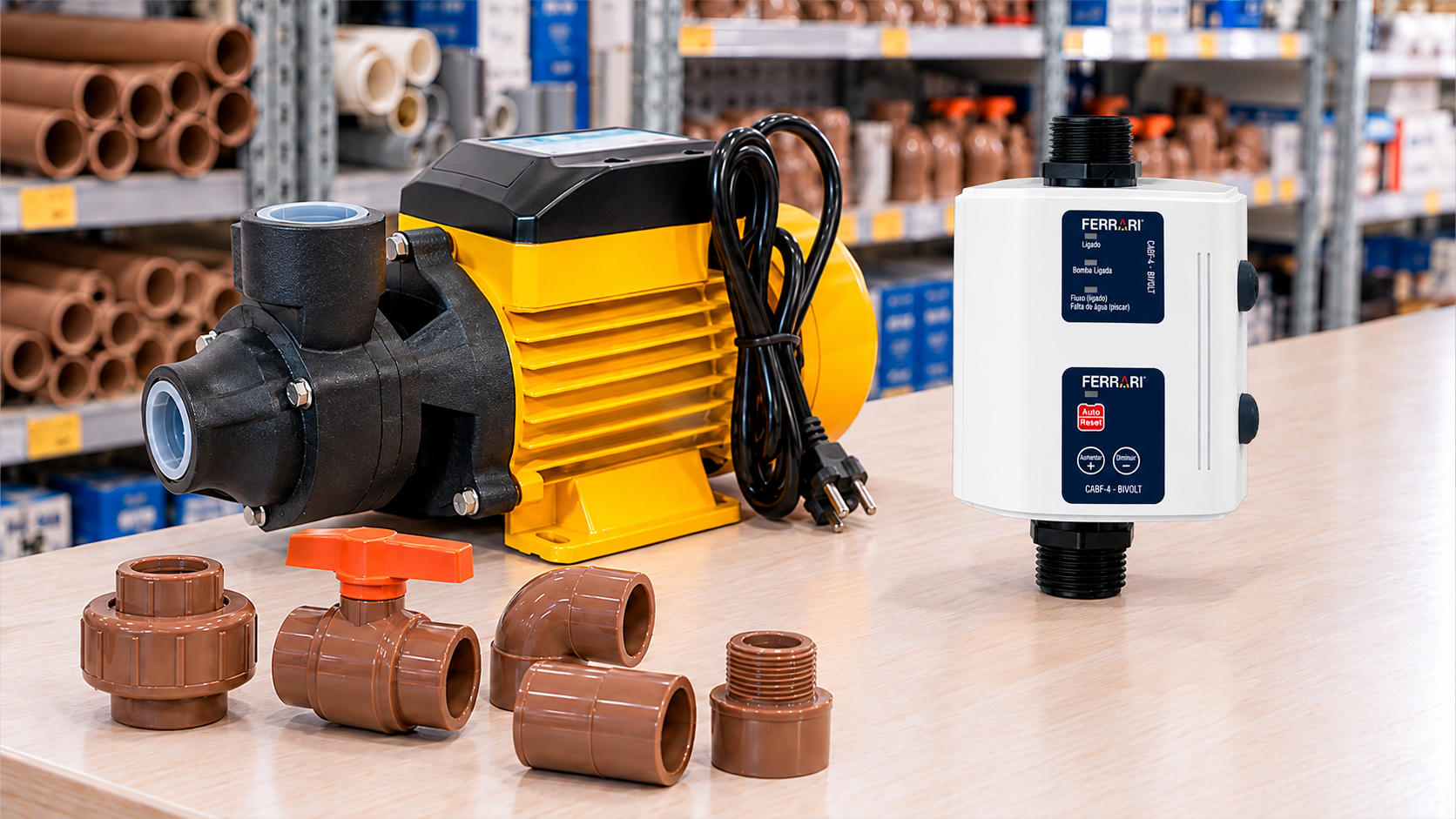 Controlador automático AutoSmart CABF-4 ao lado de bomba d’água e conexões hidráulicas